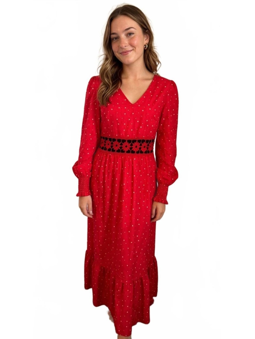 Red Polka Dot Midi Dress with Crochet Waist Detail